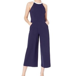 Karl Lagerfeld Crepe Halter Jumpsuit Sleeveless Halter Crop Wide Leg Blue Size 8